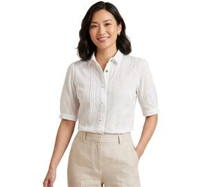 Women's White Polyester Button Front 3/4 Sleeve Embroidered Top